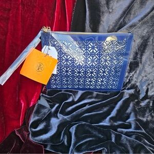 Tory Burch Laser-Cut Navy Wristlet
